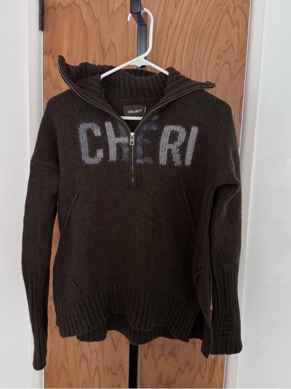 Zadig & Voltaire Almy Cheri half zip funnel neck olive green merino wool sweater